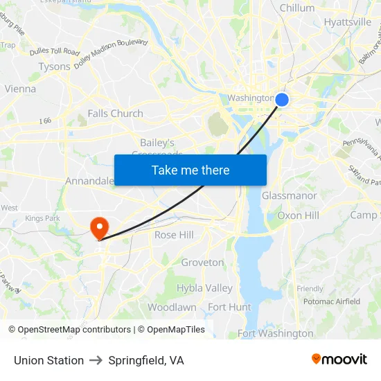 Union Station to Springfield, VA map