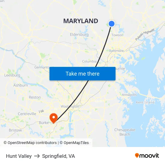 Hunt Valley to Springfield, VA map