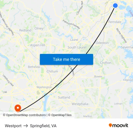 Westport to Springfield, VA map