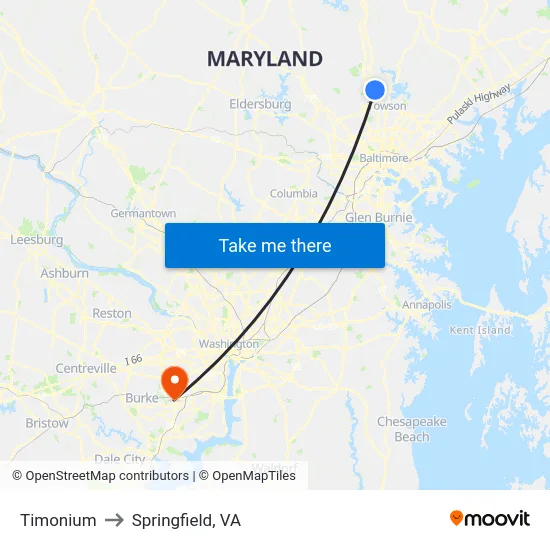 Timonium to Springfield, VA map