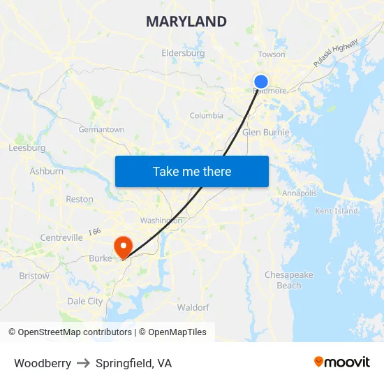 Woodberry to Springfield, VA map