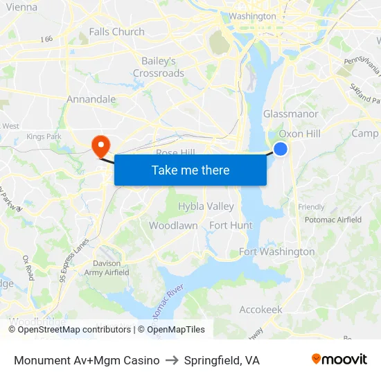 Monument Av+Mgm Casino to Springfield, VA map