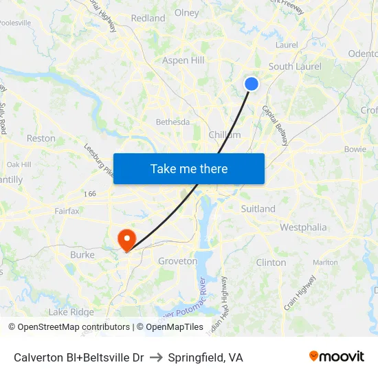 Calverton Bl+Beltsville Dr to Springfield, VA map
