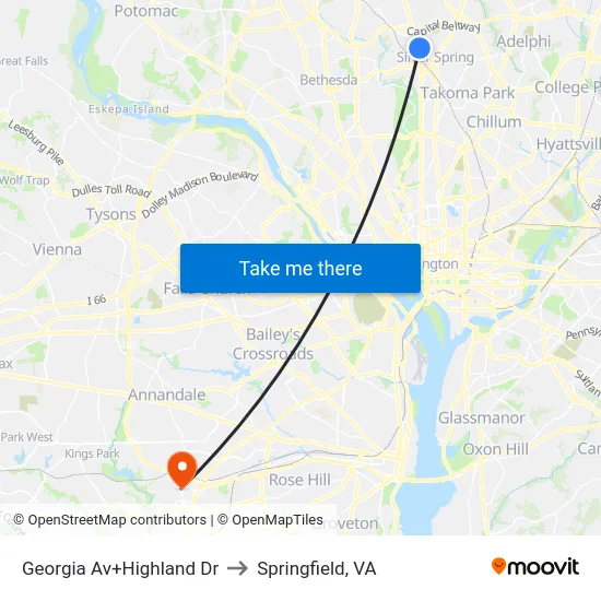 Georgia Av+Highland Dr to Springfield, VA map