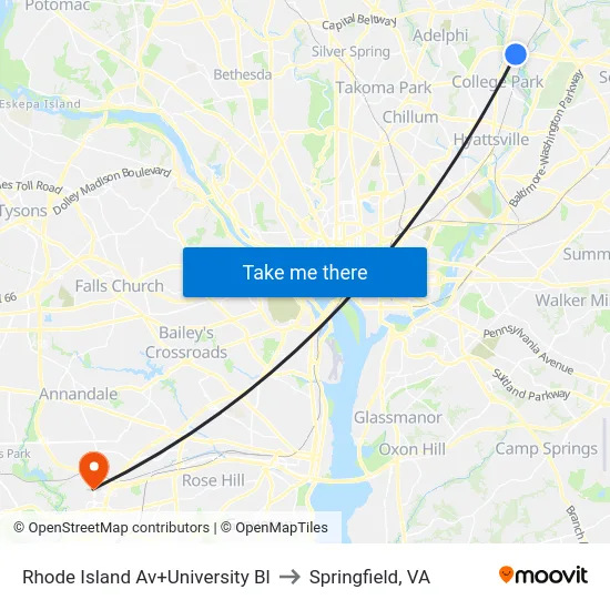 Rhode Island Av+University Bl to Springfield, VA map