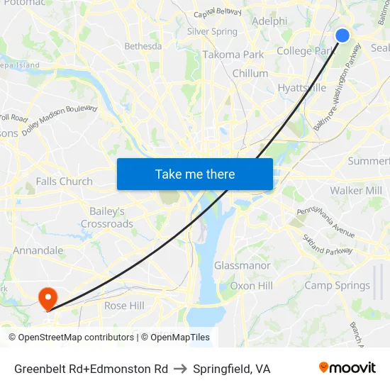 Greenbelt Rd+Edmonston Rd to Springfield, VA map