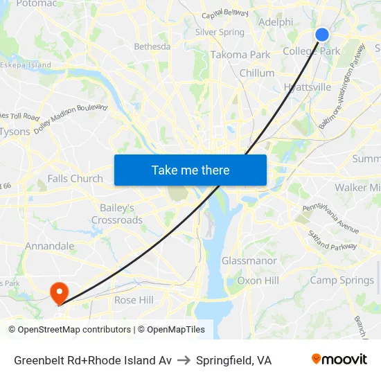 Greenbelt Rd+Rhode Island Av to Springfield, VA map
