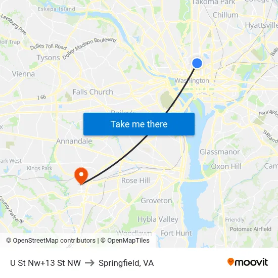 U St Nw+13 St NW to Springfield, VA map