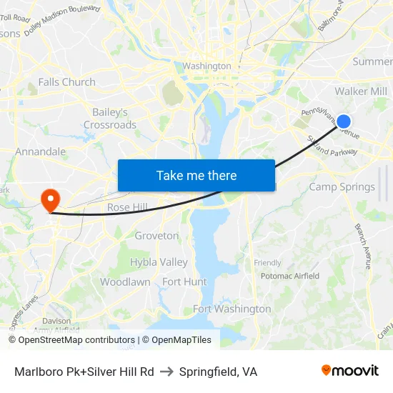 Marlboro Pk+Silver Hill Rd to Springfield, VA map