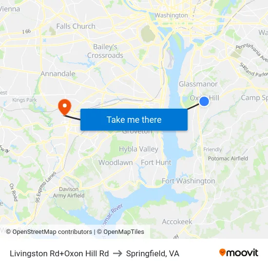 Livingston Rd+Oxon Hill Rd to Springfield, VA map
