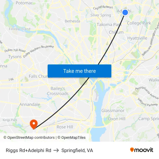 Riggs Rd+Adelphi Rd to Springfield, VA map