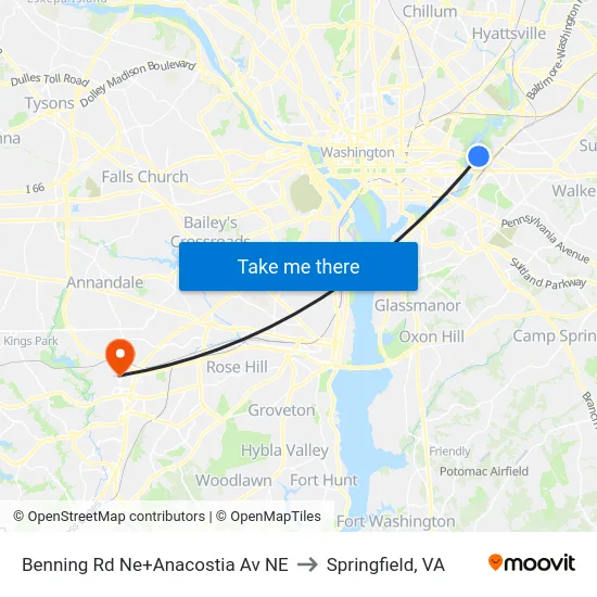 Benning Rd Ne+Anacostia Av NE to Springfield, VA map