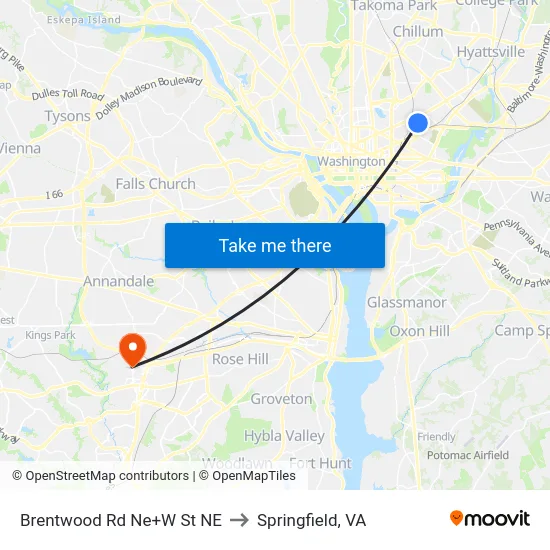 Brentwood Rd Ne+W St NE to Springfield, VA map