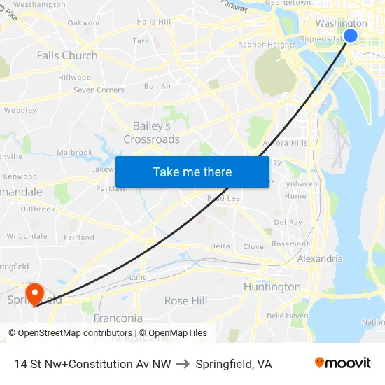 14 St Nw+Constitution Av NW to Springfield, VA map