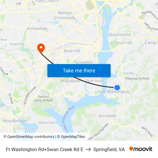 Ft Washington Rd+Swan Creek Rd E to Springfield, VA map