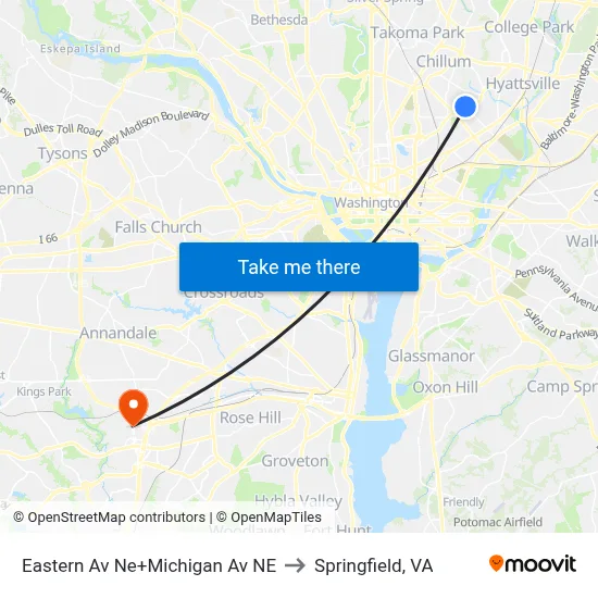 Eastern Av Ne+Michigan Av NE to Springfield, VA map