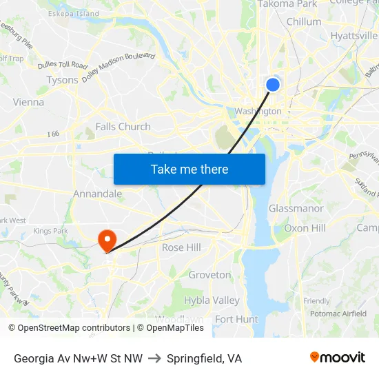 Georgia Av Nw+W St NW to Springfield, VA map