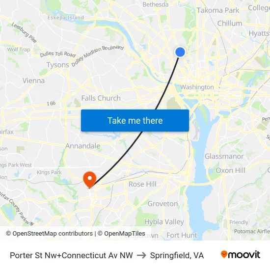 Porter St Nw+Connecticut Av NW to Springfield, VA map