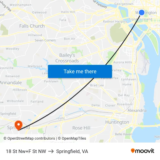 18 St Nw+F St NW to Springfield, VA map