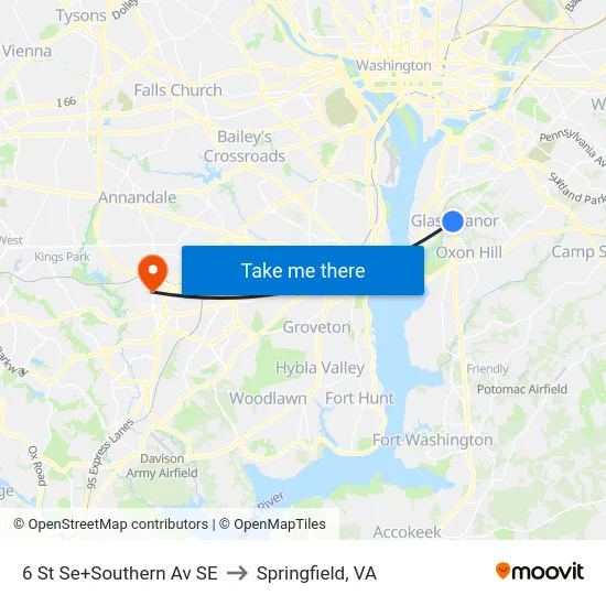 6 St Se+Southern Av SE to Springfield, VA map