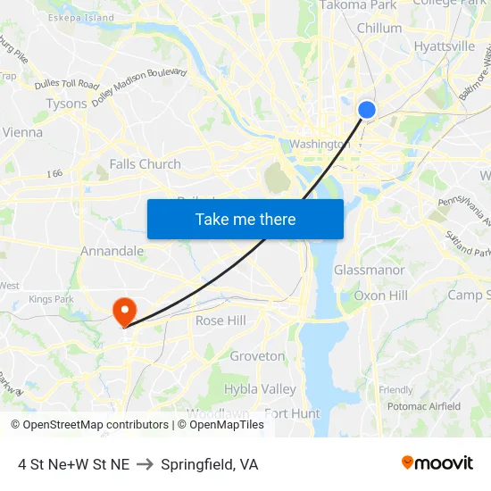 4 St Ne+W St NE to Springfield, VA map