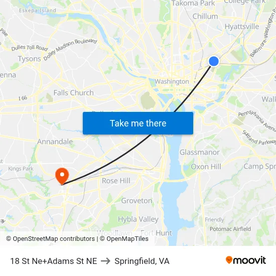 18 St Ne+Adams St NE to Springfield, VA map