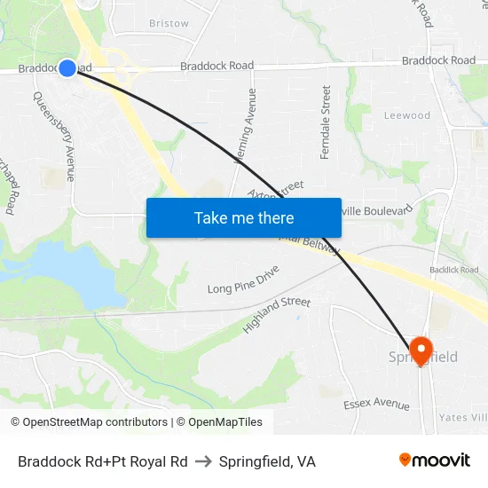 Braddock Rd+Pt Royal Rd to Springfield, VA map