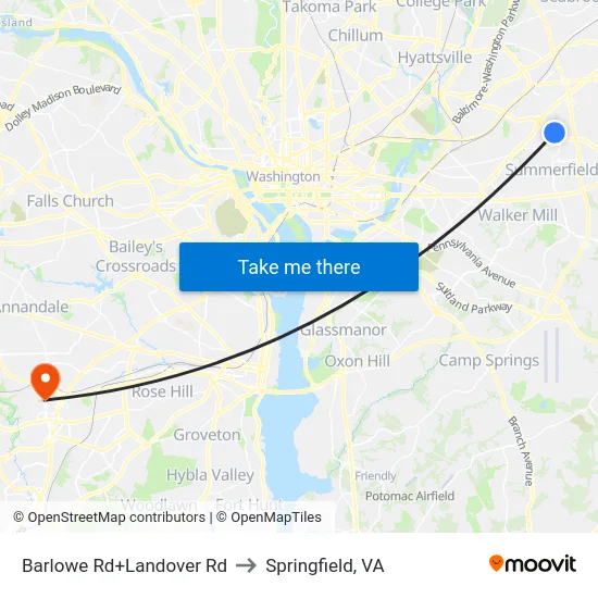 Barlowe Rd+Landover Rd to Springfield, VA map