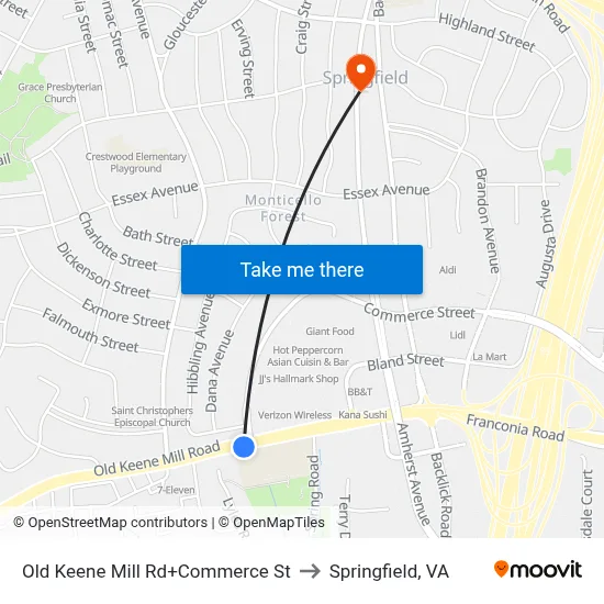 Old Keene Mill Rd+Commerce St to Springfield, VA map