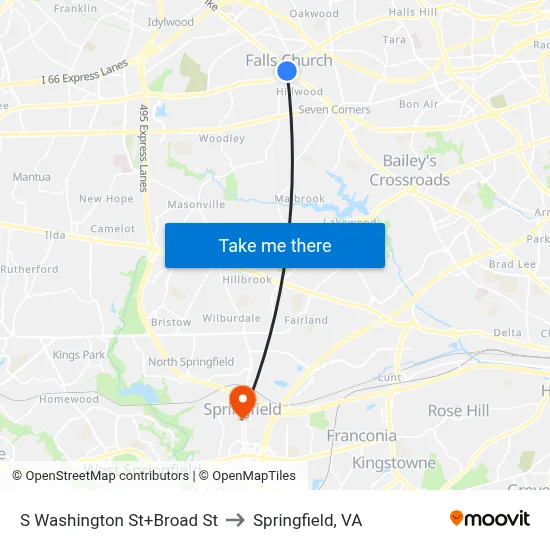 S Washington St+Broad St to Springfield, VA map