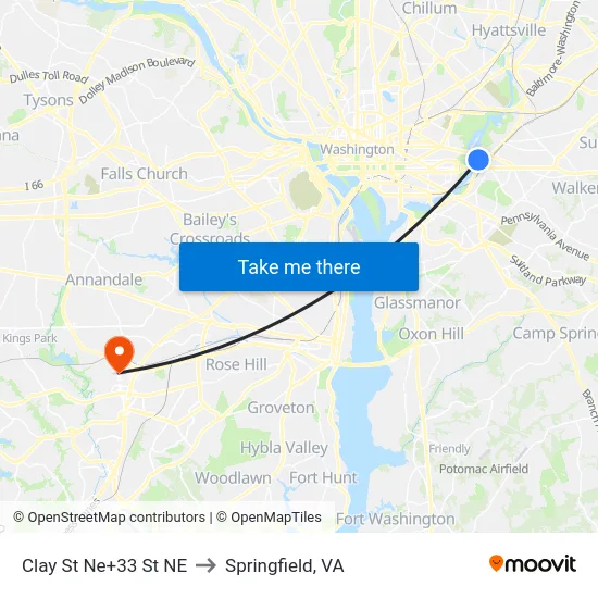 Clay St Ne+33 St NE to Springfield, VA map