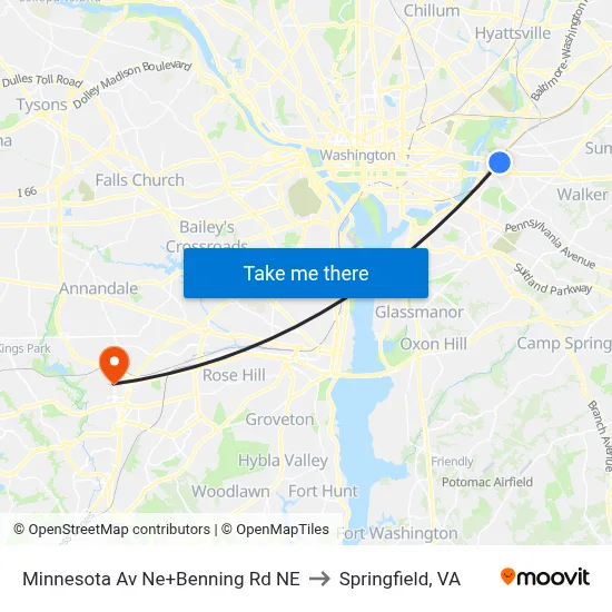 Minnesota Av Ne+Benning Rd NE to Springfield, VA map