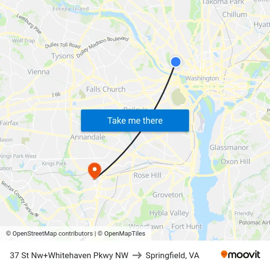 37 St Nw+Whitehaven Pkwy NW to Springfield, VA map