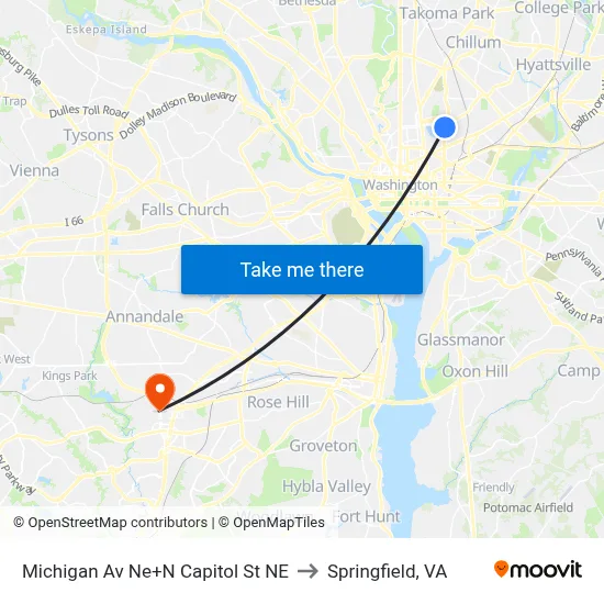 Michigan Av Ne+N Capitol St NE to Springfield, VA map