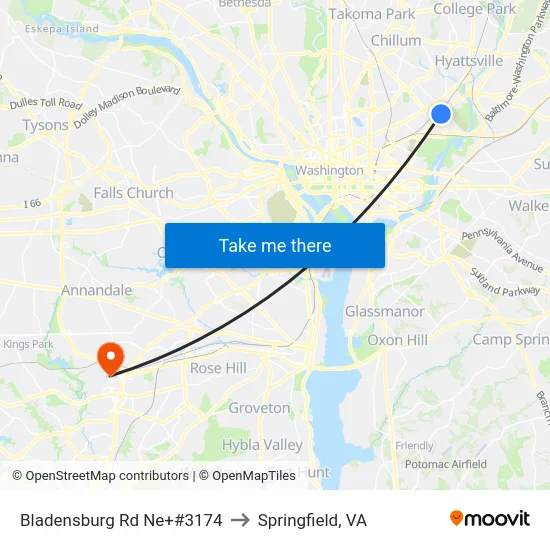Bladensburg Rd Ne+#3174 to Springfield, VA map