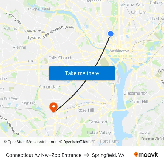 Connecticut Av Nw+Zoo Entrance to Springfield, VA map