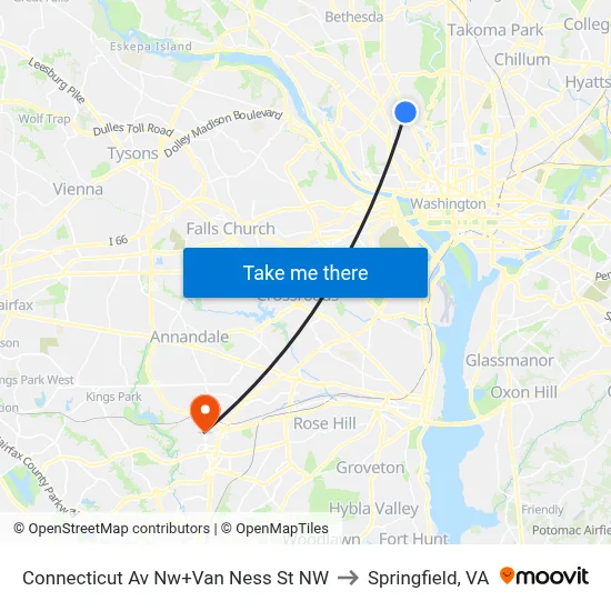 Connecticut Av Nw+Van Ness St NW to Springfield, VA map