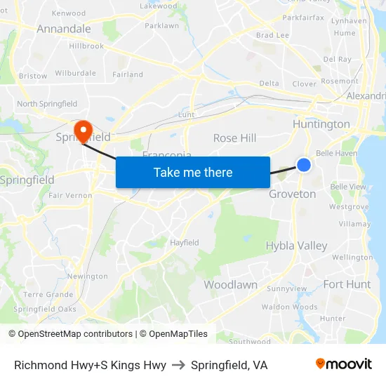 Richmond Hwy+S Kings Hwy to Springfield, VA map