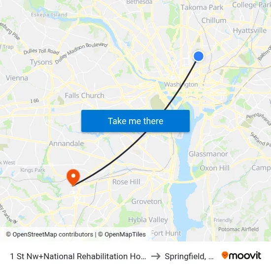 1 St Nw+National Rehabilitation Hosp to Springfield, VA map