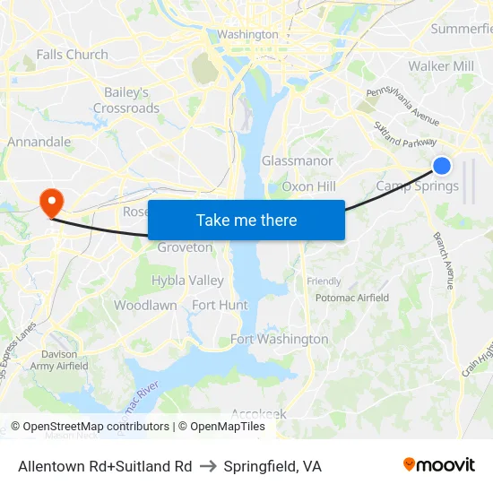 Allentown Rd+Suitland Rd to Springfield, VA map
