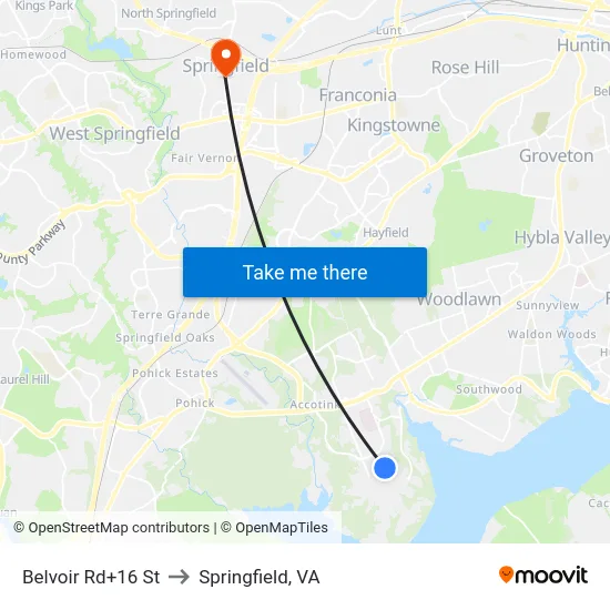 Belvoir Rd+16 St to Springfield, VA map