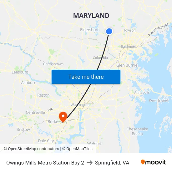 Owings Mills Metro Station Bay 2 to Springfield, VA map