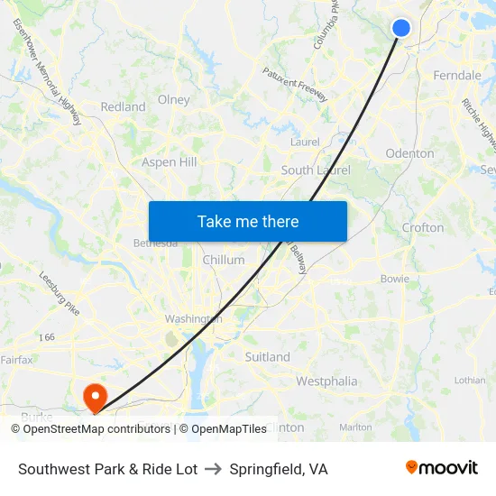 Southwest Park & Ride Lot to Springfield, VA map