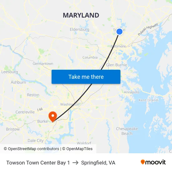 Towson Town Center Bay 1 to Springfield, VA map