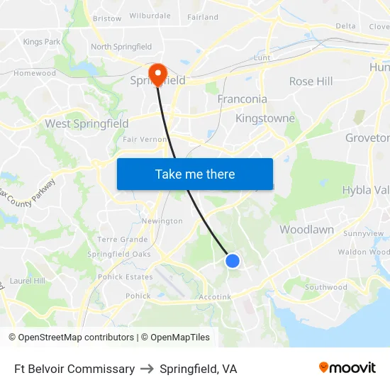 Ft Belvoir Commissary to Springfield, VA map