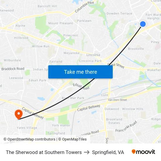 The Sherwood at Southern Towers to Springfield, VA map