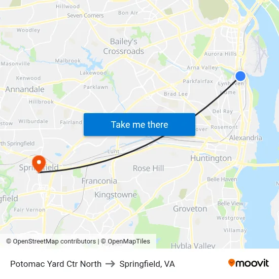 Potomac Yard Ctr North to Springfield, VA map