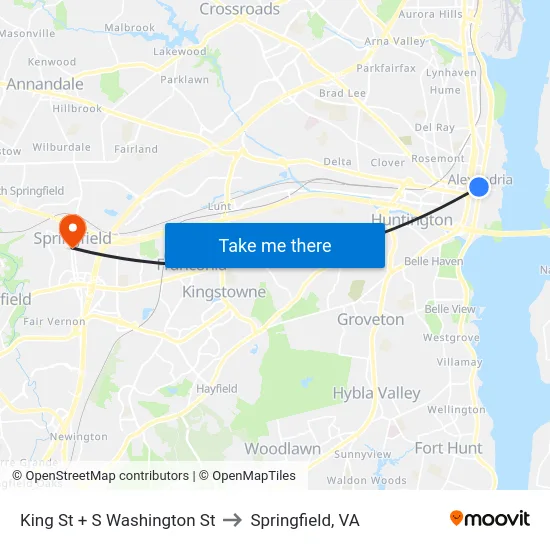 King St + S Washington St to Springfield, VA map
