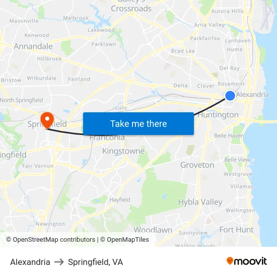 Alexandria to Springfield, VA map