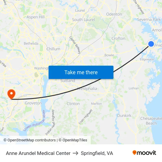 Anne Arundel Medical Center to Springfield, VA map